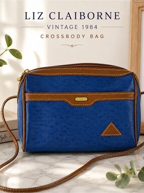 Vintage 1984 Liz Claiborne Blue Monogram Crossbody Bag Leather Trim